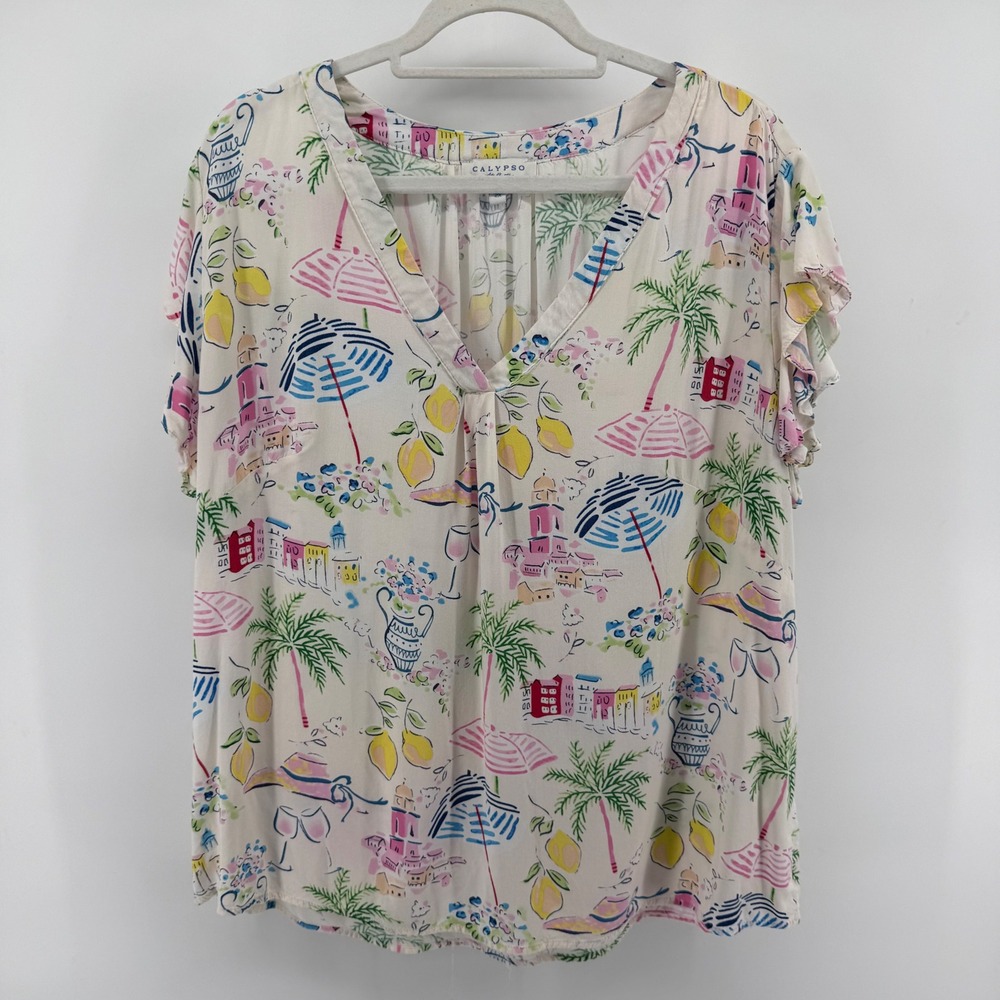 Calypso St. Barth Cream Tropical Print V-Neck Blouse